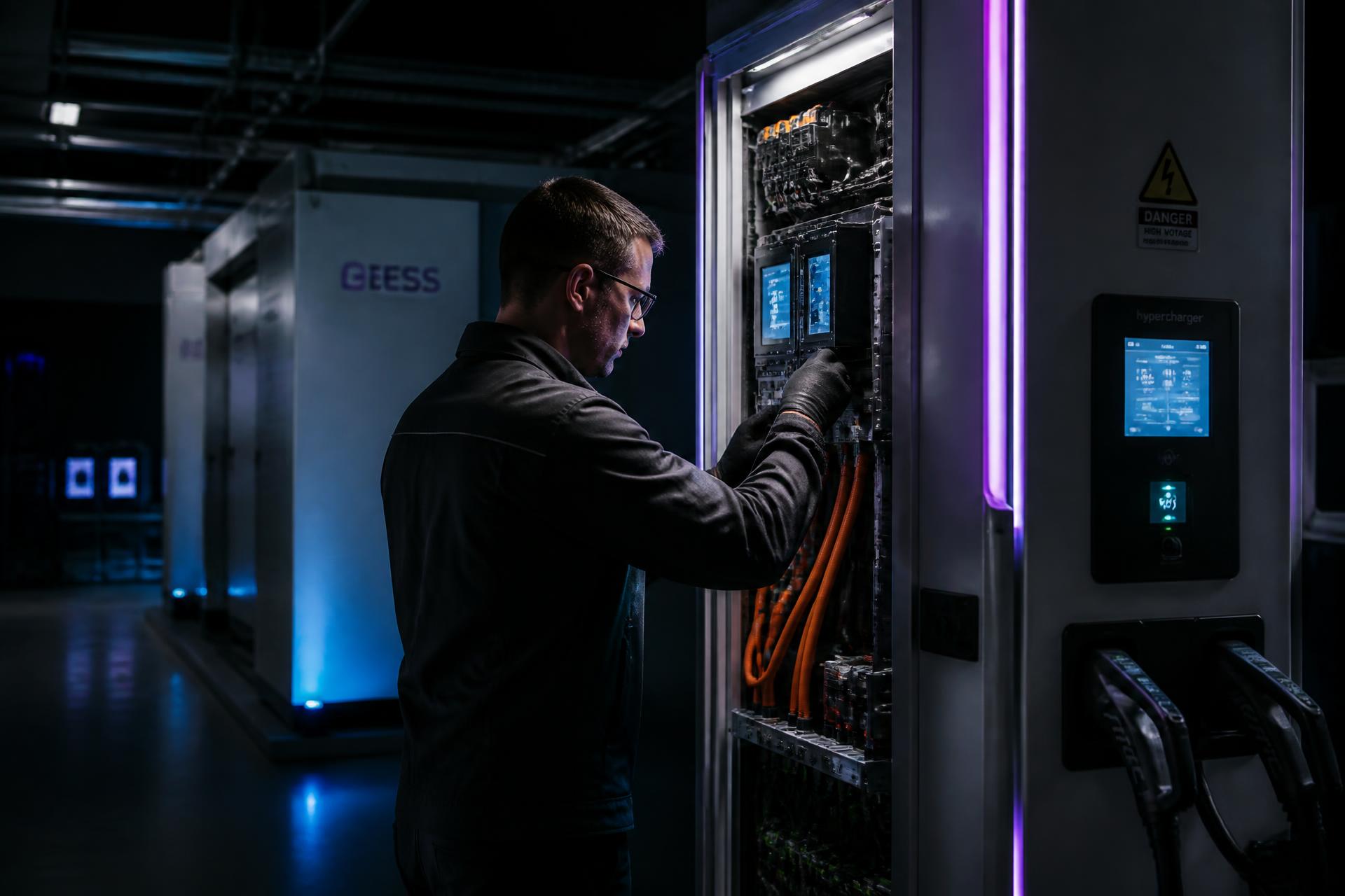 Técnico operando painel de carregamento rápido e BESS